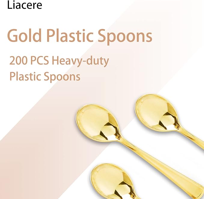 Liacere 200 Pack Gold Plastic Spoons - 6.7 inch Heavy Duty Plastic Spoons - Heavyweight Gold Disposable Spoons for Parties & Weddings & Restaurants & Christmas & New Year