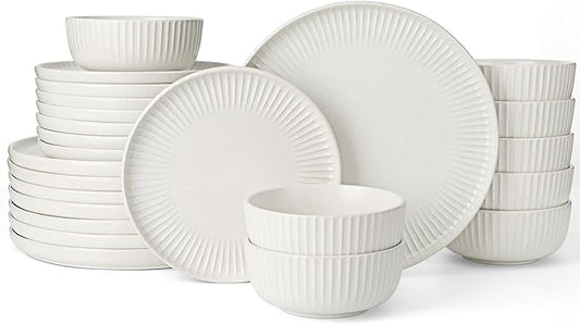 Famiware Starlight Plates and Bowls Dishes Set of 8 (24 Pieces), Ribbed Textured Stoneware Dinnerware Sets- Dishwasher & Microwave Safe, Chip Resistant, Matte Reactive White