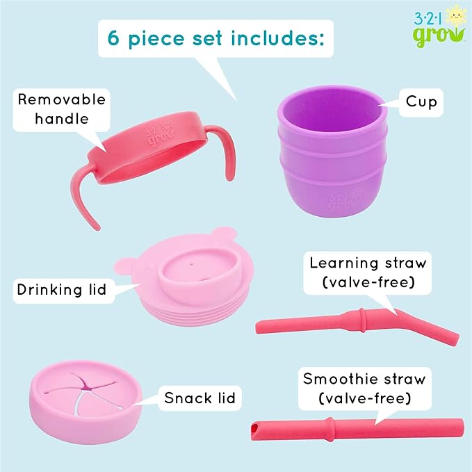 Easy Learn Drink and Snack Set – Baby + Toddler Silicone Learning Cup & Snack Set, Training Cup for Straw and Open Cup Independence – Dishwasher Safe (Plum)