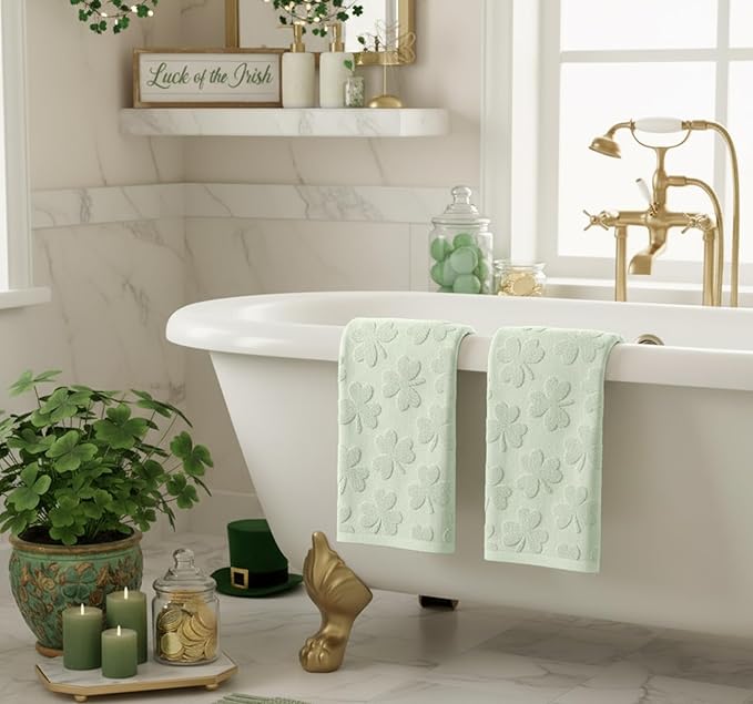 Artoid Mode 2 Pcs Light Green 3D Shamrock Jacquard Patrick Hand Towels for Bathroom, 100% Cotton Soft Absorbent Bathroom Decor Towels, 13.7 x 29.5 Inch