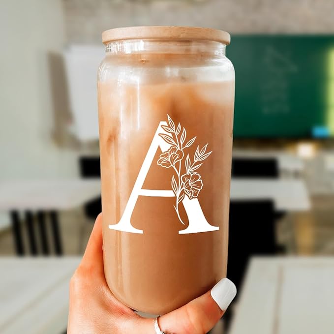 SANDJEST Monogrammed Gifts for Women - Monogram A Initial Glass Cup 16 Oz Can Coffee Cups with Lid and Straw - Monogram Initials Gifts for Womens on Birthday