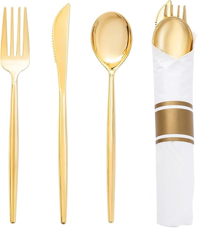 SUT 50 Pack Pre Rolled Silverware Set Disposable, 200pcs Gold Plastic Utensils Include 50 Forks, 50 Knives, 50 Spoons and 50 Napkins, Wrapped Plastic Cutlery Set With Napkin for Wedding