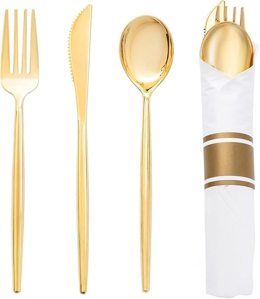 SUT 50 Pack Pre Rolled Silverware Set Disposable, 200pcs Gold Plastic Utensils Include 50 Forks, 50 Knives, 50 Spoons and 50 Napkins, Wrapped Plastic Cutlery Set With Napkin for Wedding