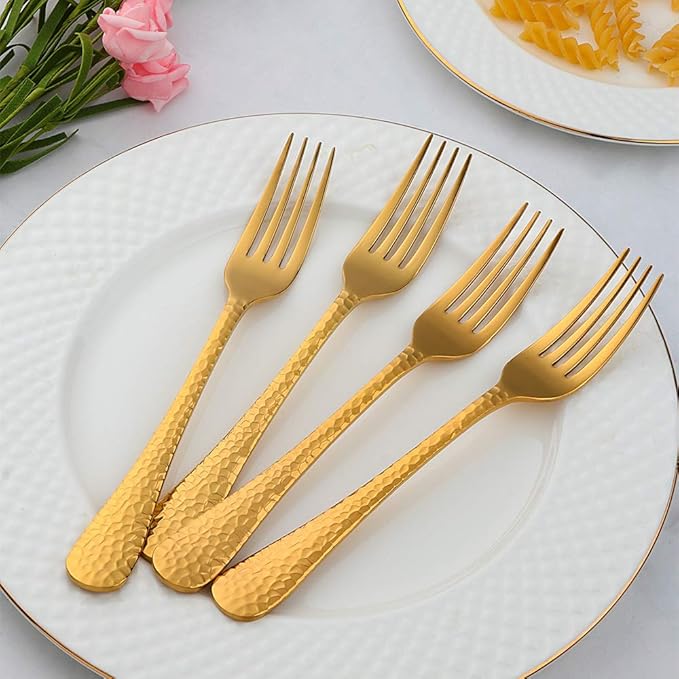 Buyer Star 12 Pieces Hammered Dinner Forks Set, 7.9 Inch Stainless Steel Forks,Table Forks,Flatware Forks, Mirror Finish & Dishwasher Safe,Use for Home,Kitchen or Restaurant (Gold)