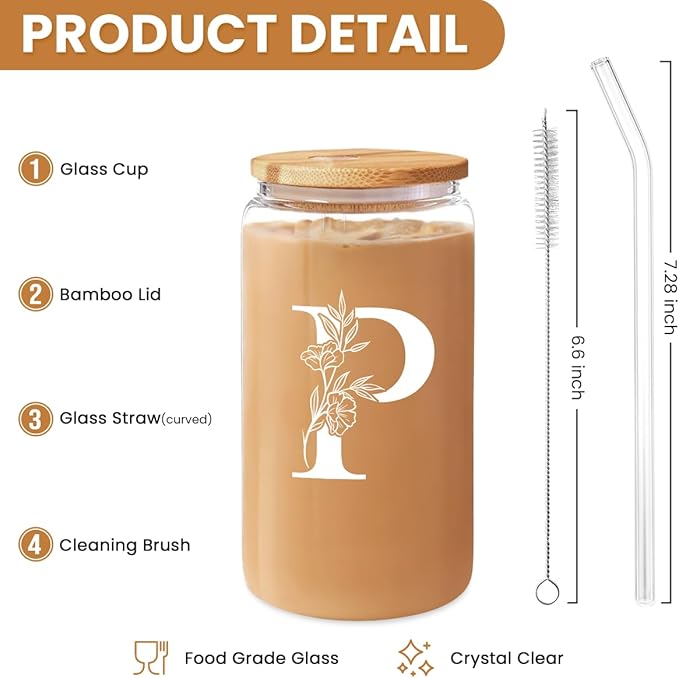 SANDJEST Monogrammed Gifts for Women - Monogram P Initial Glass Cup 16 Oz Can Coffee Cups with Lid and Straw - Monogram Initials Gifts for Womens on Birthday