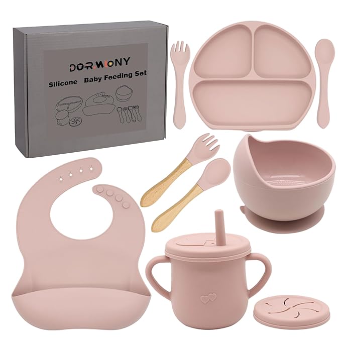 100% Silicone Baby Feeding Set,BPA Free Baby Dishes Set with Suction Bowl Divided Plate,Toddler Self Feeding Dish Set with Spoons Forks Sippy Cup and Bib, Baby Eating Utensils (Pink)
