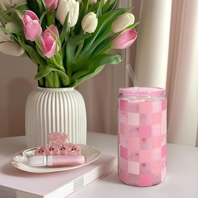 Checker 16 Oz Can Glass Tumbler with Acrylic Lid and Straw - Iced Coffee Cups for Women, Aesthetic Glass Cup Gift for Birthday Christmas