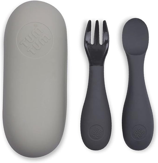 TUM TUM Baby Cutlery Set With Case, Spoon & Fork for Self Feeding, Silicone, 6 Months Plus (Grey)