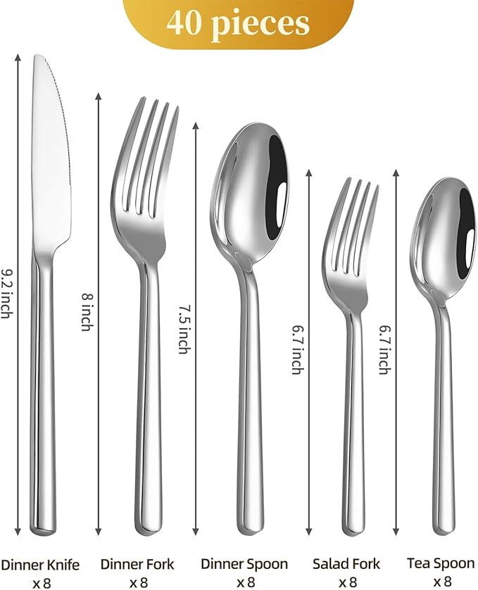 40-Piece Silverware Set, Heavy-Duty Stainless Steel Flatware Set for 8, Cutlery Set with Modern Round Handle, Mirror Polished Silverware for Home, Wedding, Restaurant, Dishwasher Safe