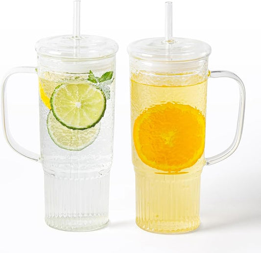 GOSCHE Glass Cups with Lids and Straws, 24oz Clear Iced Coffee Cups with Handle, Glass Tumbler with Straw and Lid for Smoothie Water Tea Juice, Clear, 2 Pack