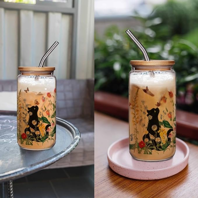 Black Cat Vintage Flowers Cute Glass Cup Gift for Women, Birthday Present for Mom, Girls, Best Friend, Bestie - Cat Lover Gifts for Her, Christmas Cup