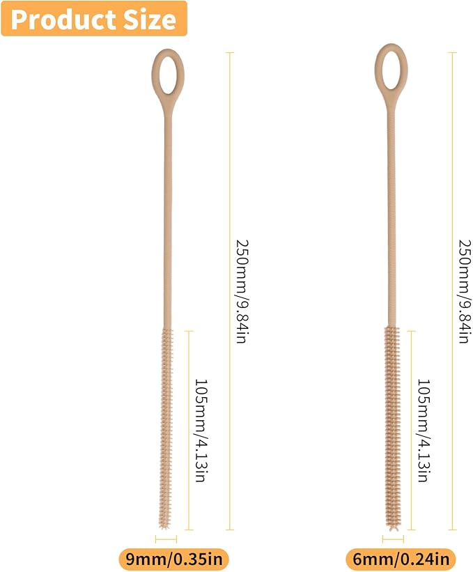 Silicone Straw Cleaner Brush, 2Pcs Reusable Straw Brush Extra Long for Cleaning Tumbler with Handle and Glass Metal Smoothie Straws, Non-slip Handle Soft and Bendable, 6mm+9mm (Brown)
