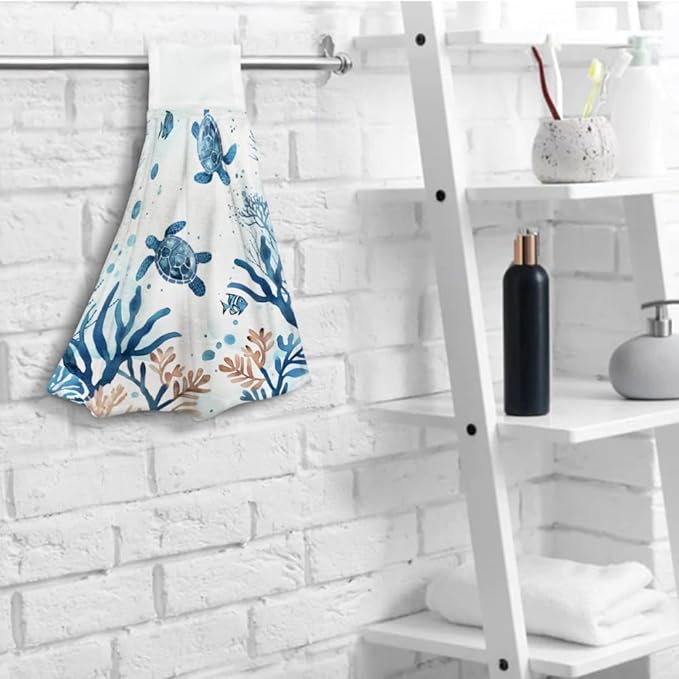 Sea Turtle Hand Towels Bundle 4 Packs Ocean Beach Hand Towels Decorative Coastal Hanging Kitchen Towels for Home Bathroom Spa Dish Washcloth Soft Tropical Coastal Fingertip Towels