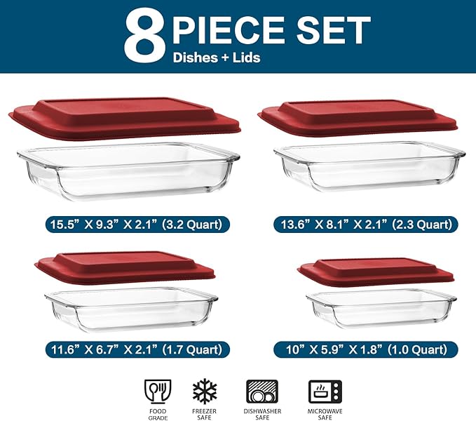 8-Piece Deep Glass Baking Dish Set with Plastic lids,Rectangular Glass Bakeware Set with Lids, Baking Pans for Lasagna, Leftovers, Cooking, Kitchen, Freezer-to-Oven and Dishwasher, Red