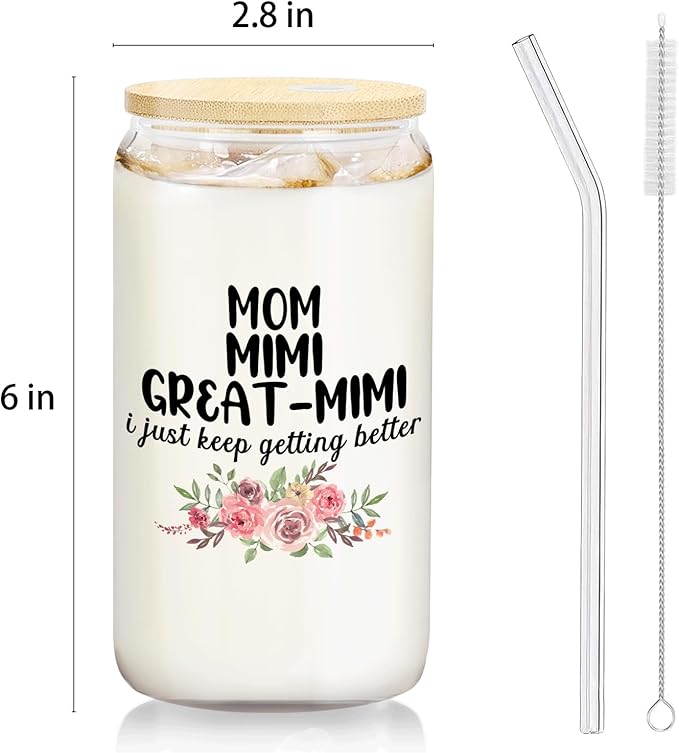 Christmas Grandmother Gifts For Mom Mimi Great Mimi Glass Coffee Cup With Lid And Straws 14oz - christmas Glass Cup gifts For Grandma