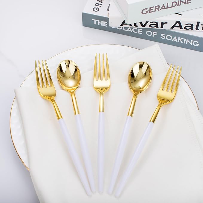 I00000 120 Pcs Disposable Dinnerware - Gold Plastic Utensils Set with White Handle, Include 60 Forks, 60 Spoons for Dinner Wedding Party