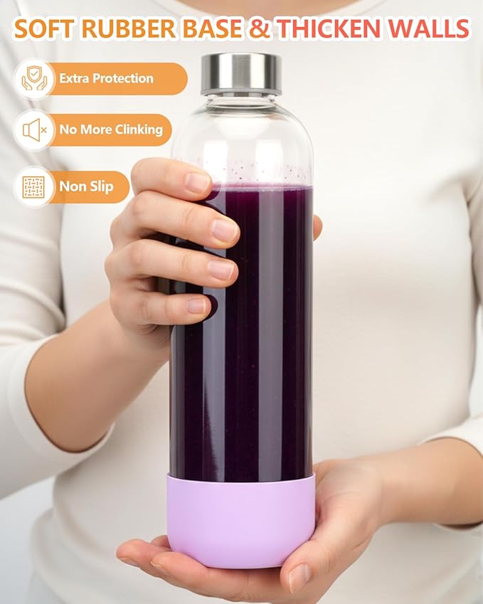 Zukro 32 oz Glass Juice Bottles With Lids, 3 Pack Large Clear Glass Bottle with Airtight Stainless Steel Lids For Juicing, Water, Homemade Drinks, Non-slip Silicone Base, Leak Proof & BPA Free