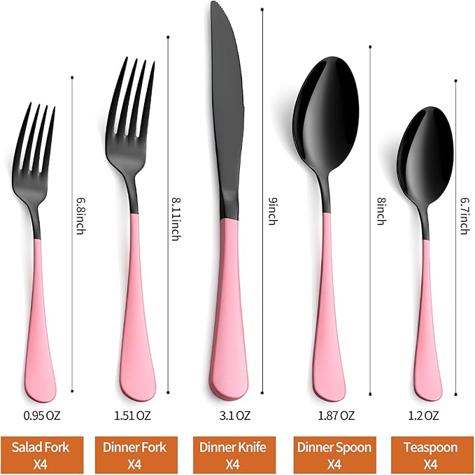 20 Piece Black Pink 18/0 Flatware Utensil Set for 4, Include Dinner Knife,Dinner Forks,Dinner Spoons,Salad Forks,Teaspoons,Silverware Set for 4, Dishwasher Safe