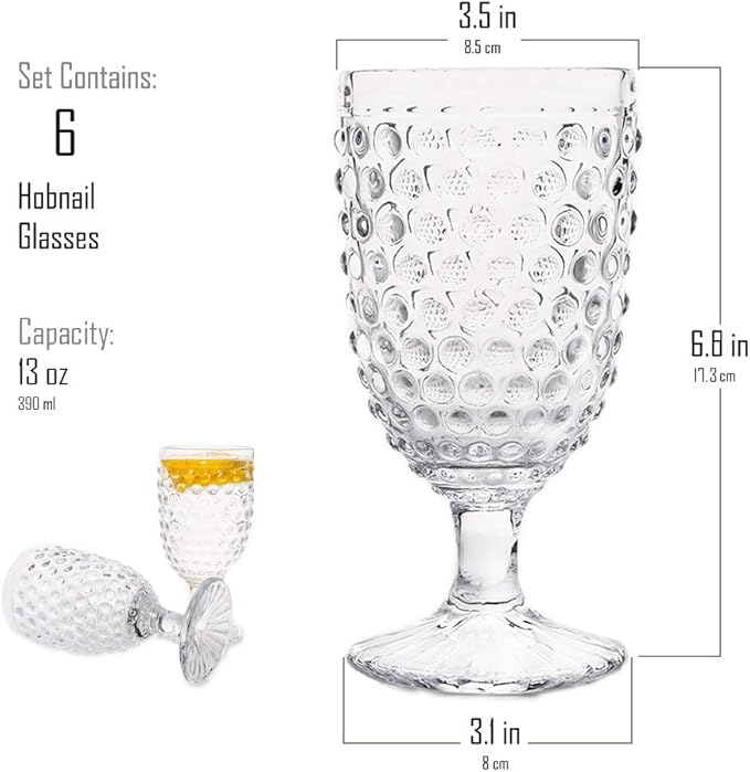 G Hobnail Drinking Glasses 6 Set, 13.3 oz Vintage Water Goblets Iced Tea Beverage Goblets Hobnail Glassware,Hobnail Goblet Glasses,Glass Cups for Wine,Soda,Juice,Dinner Parties,Bars, Restaurants Clear