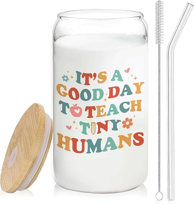 Teacher Glass Cup with Lids and Straws 14oz, Back to School Teacher Gifts, Kindergarten Teachers Appreciation Gifts Glass Iced Coffee Tumbler Drinking Jars with Cleaning Brush