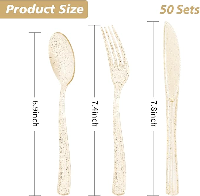 Goodluck 150PCS Gold Glitter Plastic Silverware, Glitter Utensil Disposable, Plastic Cutlery Set of 50 Forks, 50 Spoons, 50 Knives for Wedding, Party, Christmas