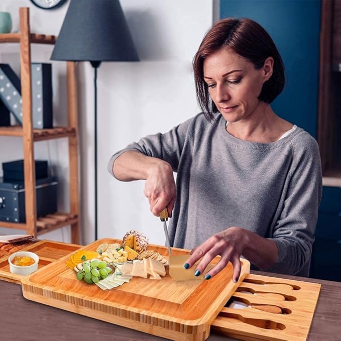 Bamboo Cheese Board with Cheese Tools, Cheese Plate Charcuterie Board Platter Set Serving Tray for Wine Cracker Brie and Meat, Large Thick Wooden Server, Fancy House Warming Gift for Gourmets