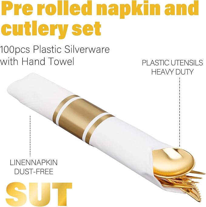 SUT 100 Pack Pre Rolled Silverware Set Disposable, 400pcs Gold Plastic Utensils Include 100 Forks, 100 Knives, 100 Spoons and 100 Napkins, Wrapped Plastic Cutlery Set With Napkin for Wedding