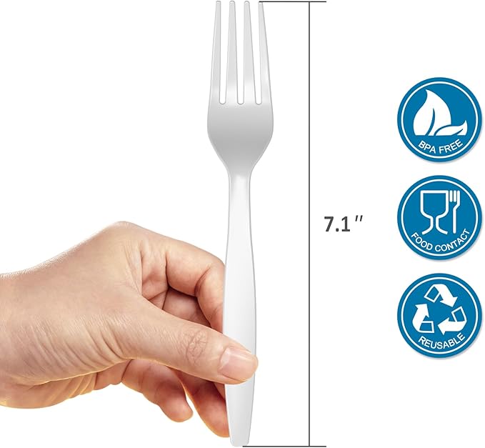POSATE Heavyweight Plastic Forks, White, 100 Counts