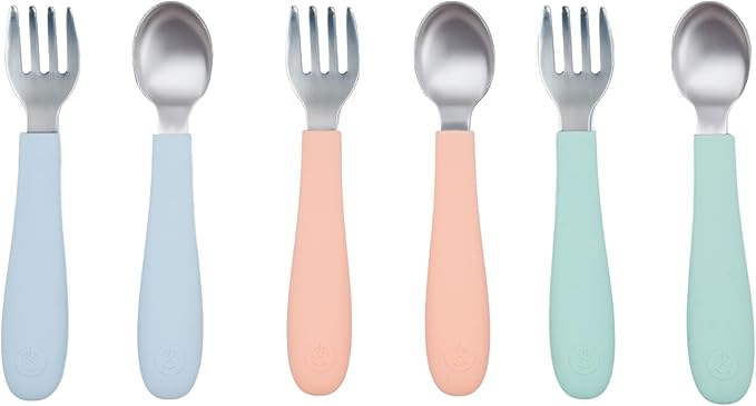 WeeSprout Toddler Utensils, 3 Forks & 3 Spoons, 18/8 Stainless Steel & Food Grade Silicone, Thick Easy-Grip Handles, Perfect Length For New Self Feeders, Gentle On Gums & Teeth, Dishwasher Safe