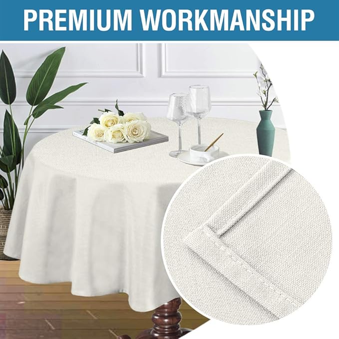 H.VERSAILTEX Linen Textured Table Cloths Round 60 Inch Premium Solid Tablecloth Spill-Proof Waterproof Table Cover for Dining Buffet Feature Extra Soft and Thick Fabric Wrinkle Free, Ivory