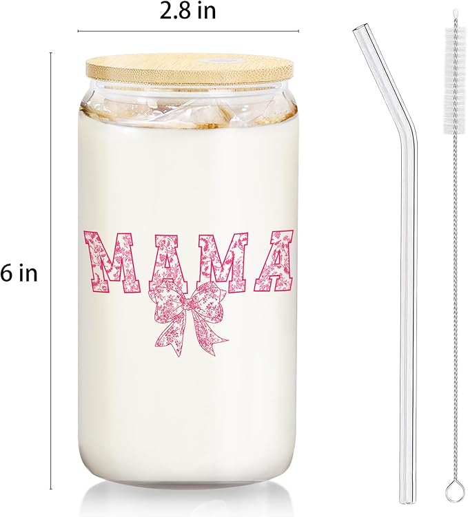 Pink Bow Mama Glass Cup with Lids and Straws 14oz, Best Mother's Day Birthday Gifts for Mama Mom Gifts from Daughters Sons Glass Iced Coffee Tumbler Drinking Jars with Cleaning Brush