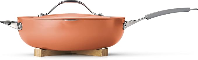 Tramontina All-in-One Plus Pan Set, 5-Quart Ceramic Non Stick Cooking Pan with Lid, Steamer Insert, Bamboo Utensil and Trivet, Orange