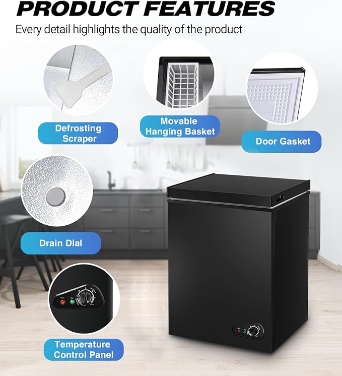 Deep Freezer 3.5 Cu.Ft, Chest Freezer with Removable Basket, Small Freezer with 6 Levels Adjustable Temperature, Quiet Mini Freezer for Home/Kitchen/Office/Garage/Bar (Black)