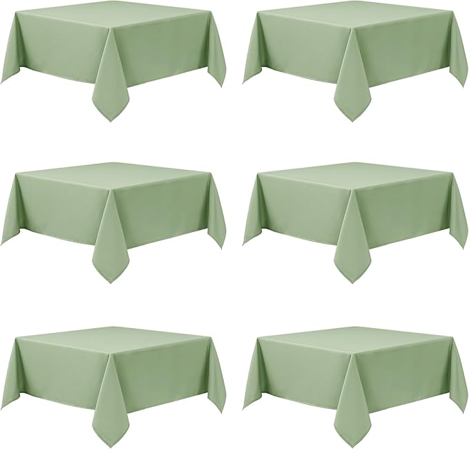 6-Pack Sage Green Tablecloths for Square Tables, 70 x 70 Inches, Stain-Resistant Polyester Fabric for 3 Foot Tables - Washable Table Covers for Weddings, Banquets, Birthday Parties, Events