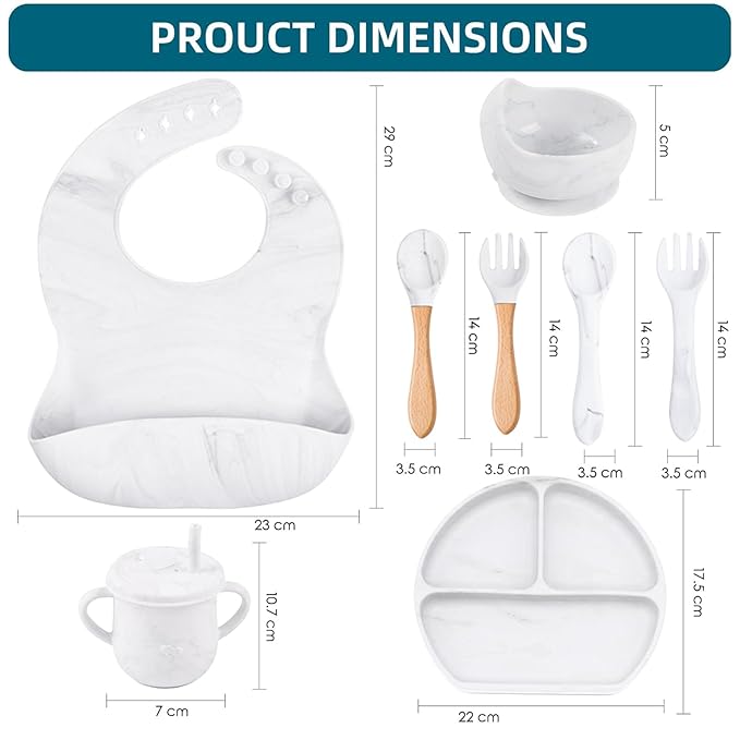 9pc BPA Free Silicone Baby Feeding Set - White: Suction Bowl, Divided Plate, Sippy Cup, Bib, Spoons, Forks - Baby Eating Utensils