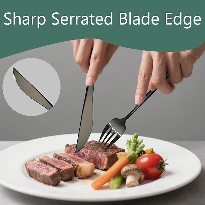 Modern Black silverware Set,Premium 18/10 Stainless Steel,Heavy duty,Sturdy,Sharp Practical steak knives,Matte Black Handle,Mirror Polished Finish,Kitchen Essential, (black)