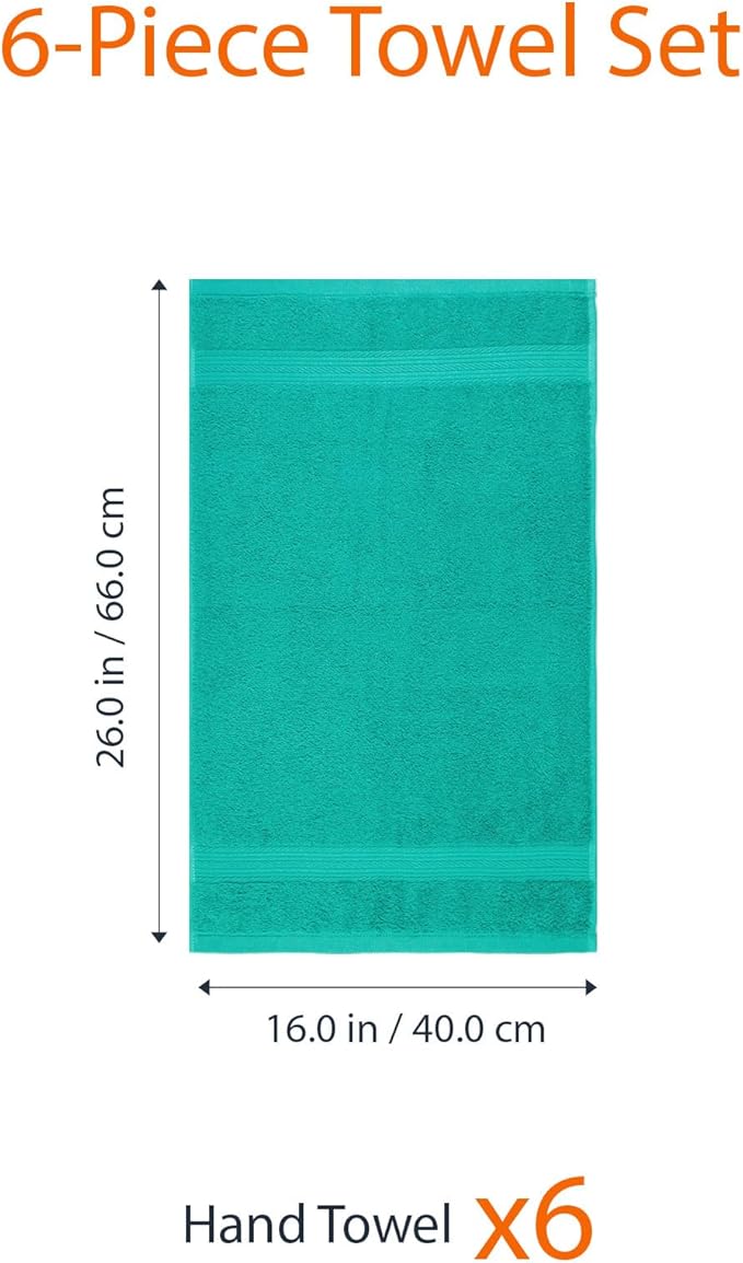 Amazon Basics 6 Piece hand towels for bathroom, Fade Resistant 100% Cotton Hand Towels, soft absorbent bathroom hand towels 6 - Pack (26''x16''), Teal