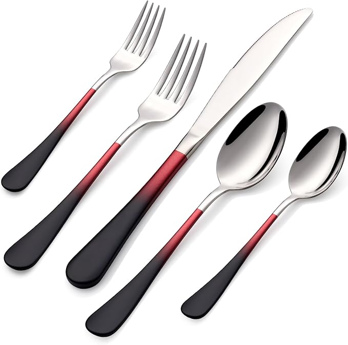 20-Pieces Black Red Silverware Sets for 4,Black Red Handle Stainless Steel Cutlery Set, Include Forks Spoons and Knives Set, Dishwasher Safe Utensil Sets for Home Restaurant