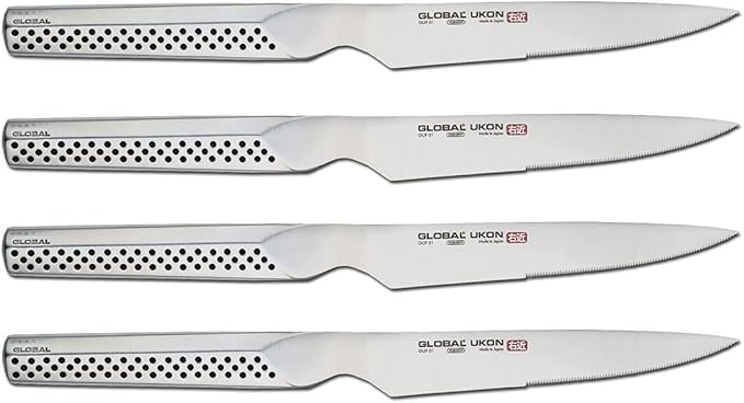 Global Ukon 4 Piece Steak Knife Set - Lightweight Japanese Stainless Steel, Razor Sharp Edge, Ambidextrous Thumb Rest, Made in Japan, GUF-31/4