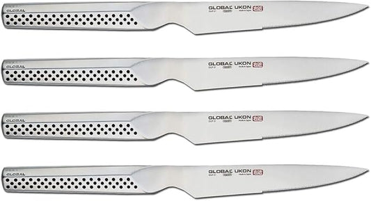 Global Ukon 4 Piece Steak Knife Set - Lightweight Japanese Stainless Steel, Razor Sharp Edge, Ambidextrous Thumb Rest, Made in Japan, GUF-31/4