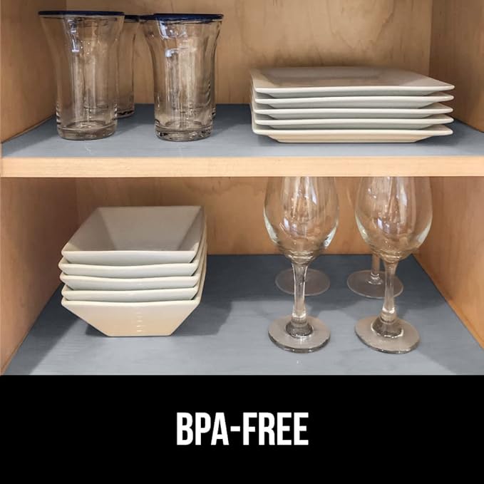 GORILLA GRIP DuraGuard Shelf Liner, Non-Adhesive Cabinet Liners for Kitchen Drawers, Shelves, Refrigerator, Pantry Storage, Bathroom Closet, Durable Waterproof BPA Free Ribbed Plastic, 12x10 Gray