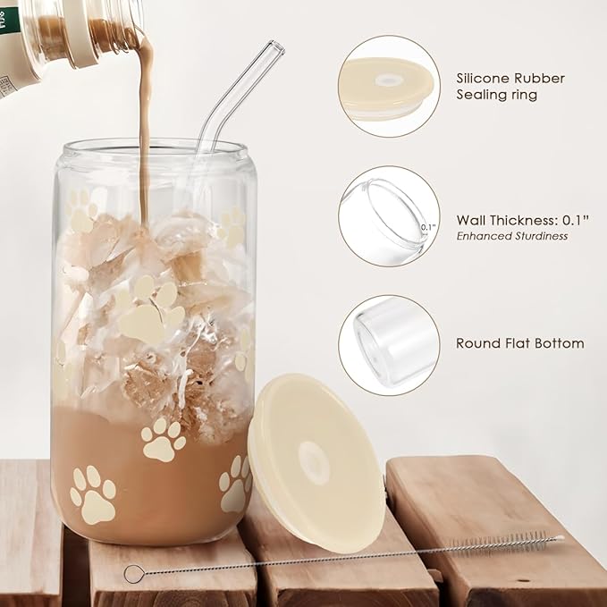 Paw Print 16oz Can Glass Tumbler with Acrylic Lid & Straw - Iced Coffee Cup for Women Cat Dog Mom, Aesthetic Cups Gifts for Birthday Christmas