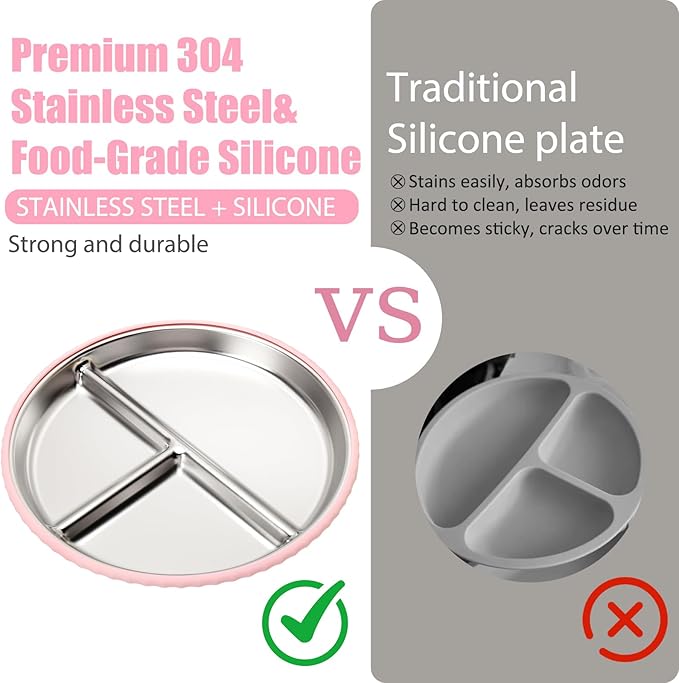 Stainless Steel Kids Plates and Bowls with Suction, Divided Baby Plate and Toddler Bowl with Removable Silicone Suction, Non-Slip Baby Feeding Set Dishwasher Safe, 4 Packs