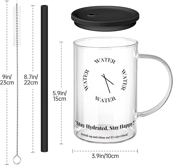 NiHome 33oz Glass Handle Cup with Silicone Lid and Straw for Daily Hydration, Large Capacity for Hot Tea, Iced Coffee, Smoothies, Ergonomic Design with Modern Minimalist Clock Pattern, Dishwasher Safe