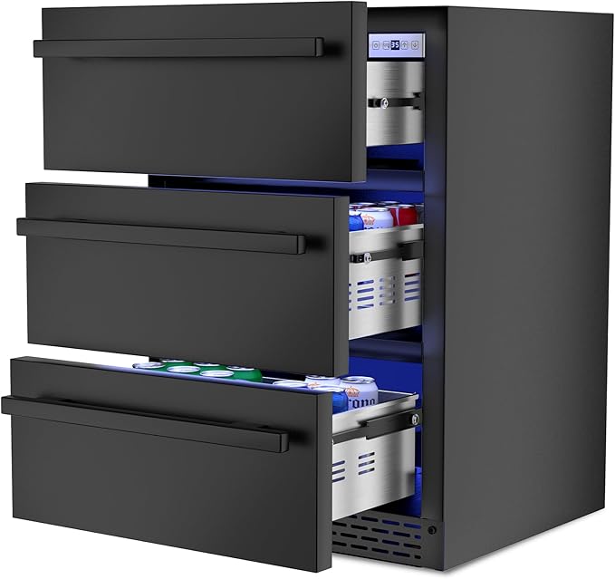 3-Tier Drawer Beverage Refrigerator, Hold 180 Cans 24 inch Undercounter & Built-in Beverage Fridge with Temperature Control, Waterproof Outdoor Freestanding Beverage Cooler for Home,Commercial Use