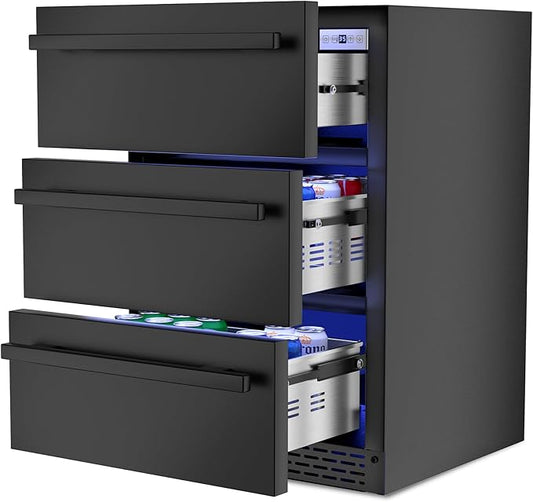 3-Tier Drawer Beverage Refrigerator, Hold 180 Cans 24 inch Undercounter & Built-in Beverage Fridge with Temperature Control, Waterproof Outdoor Freestanding Beverage Cooler for Home,Commercial Use