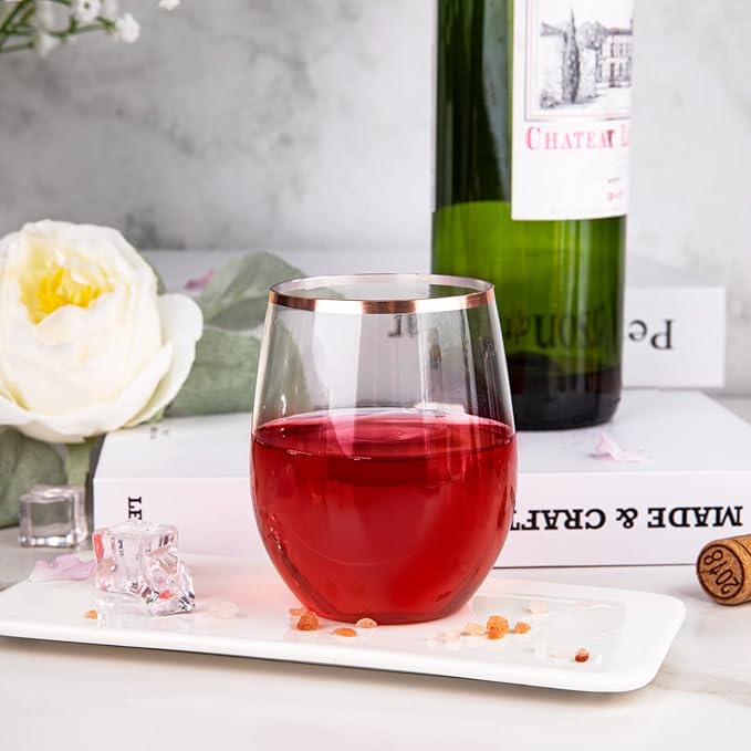 SUT 24 Disposable Stemless Wine Glasses, 12OZ Plastic Party Wine Cups, Rose Gold Wine Glasses, Shatterproof Reusable and BPA-Free, Clear Drinking Glasses Perfect for Outdoor Party, Wedding, Picnic