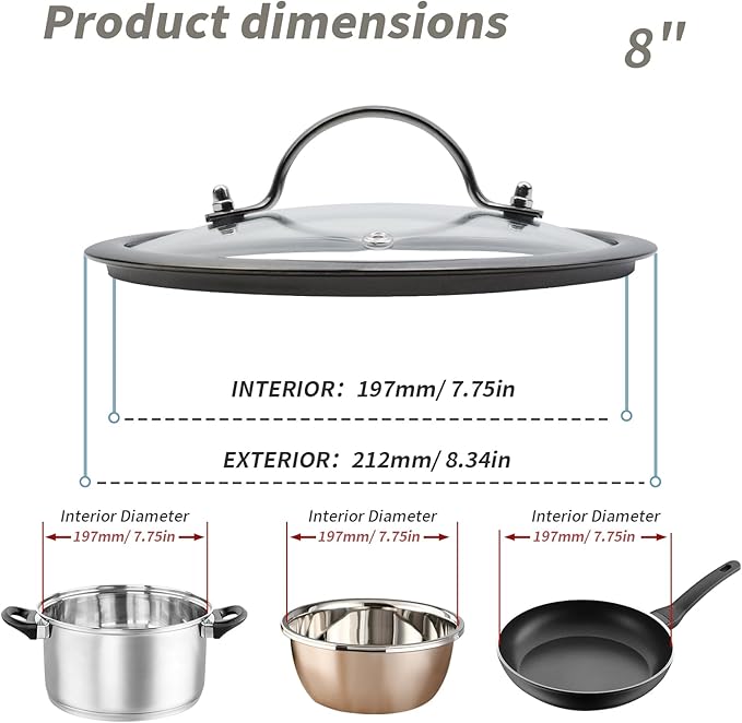 8" Tempered Glass Pan Lid with Steam Vent, Thickened to 4mm and Dishwasher Safe and Oven up to 480℉, Universal Lid Fit for Cast Iron Skillets, Frying Saute Pan, Cooking Pot