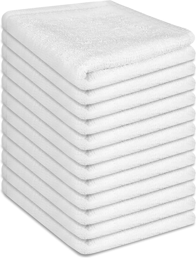 12 Pack 100% Cotton Wash Cloth, 12x12 Inch Highly Absorbent and Soft Feel Fingertip Towels, Machine Washable Washcloths for Bathroom, Gym, Hotel, Spa and Kitchen, White