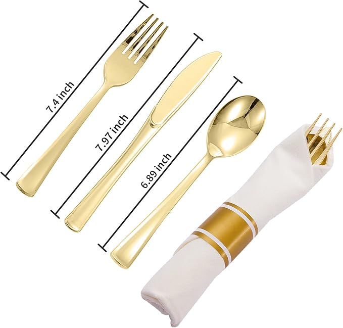 N9R 50 Pack Pre Rolled Gold Plastic Cutlery Set, Wrapped Plastic Silverware Set with 50 Forks, 50 Knives, 50 Spoons and 50 Napkins, Disposable Cutlery Set for Party and Wedding